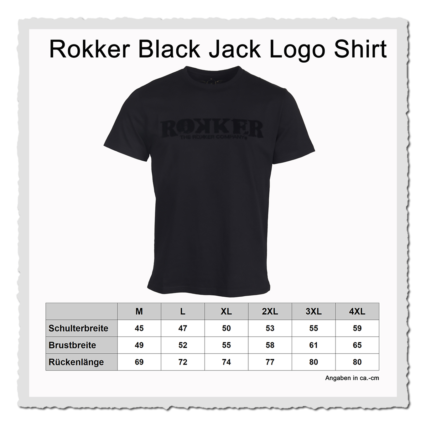 Produktbild mit schwarzem Rokker T-Shirt, großem Titel und Maßtabelle auf hellem Hintergrund.